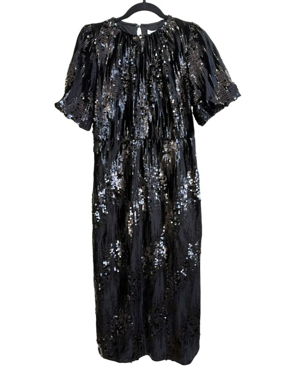 B.Young ByTillie Sequin Midi Dress Short Puff Sleeves Metallic Black Small New